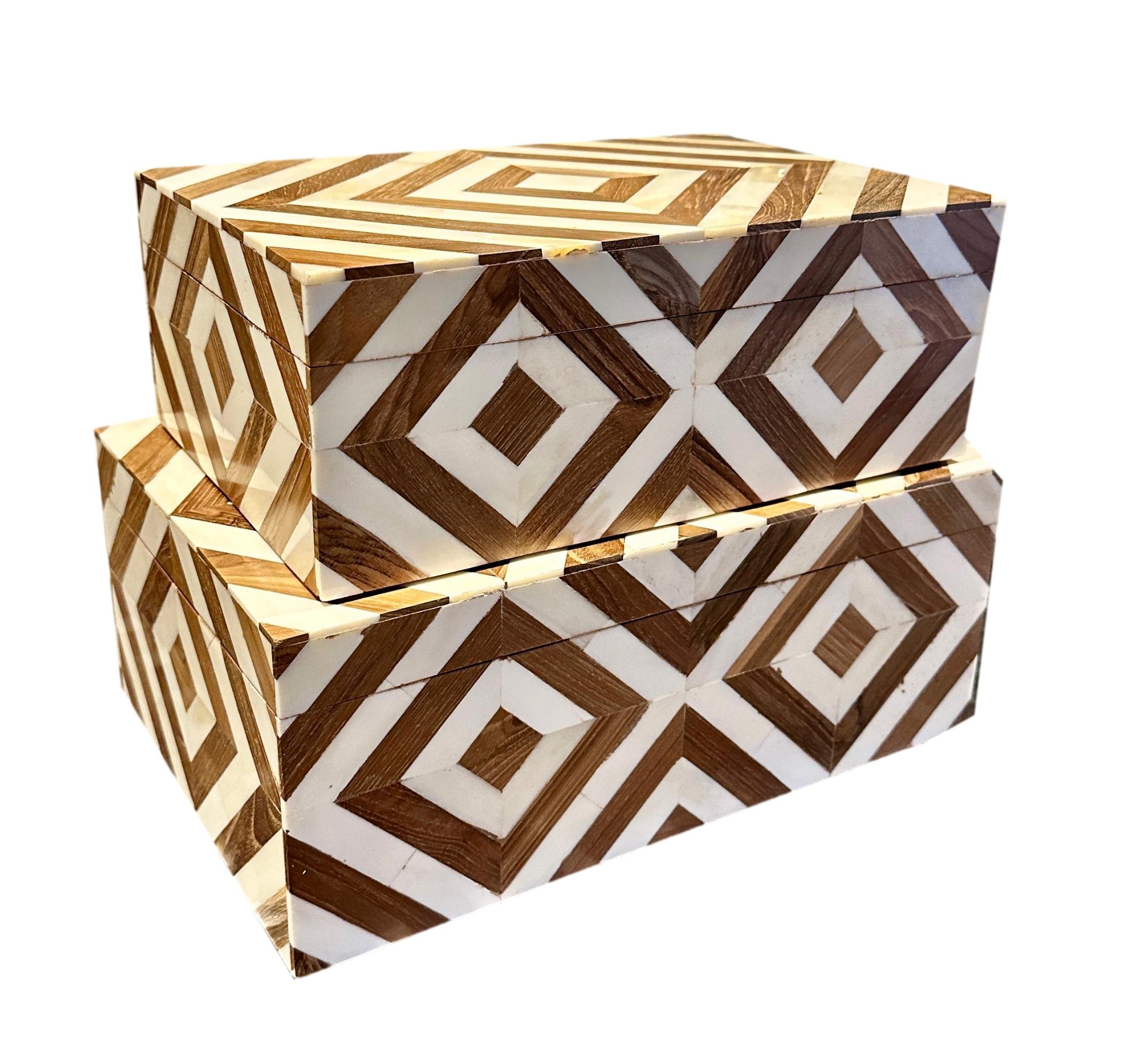Concentric Squares Box Bone/Wood Small - 10x7x4h - BIU761S Large - 12x8x5h - BIU761L