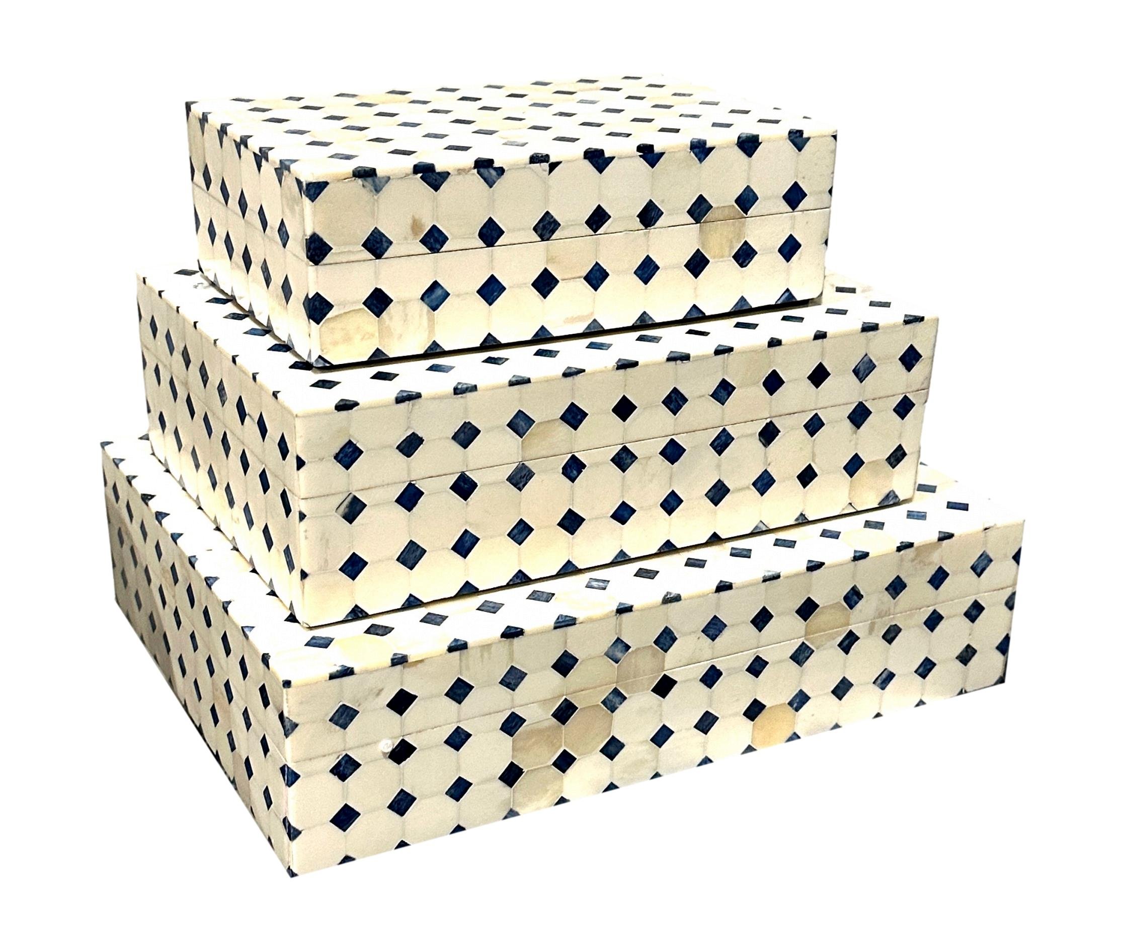 Natural And Blue Bone Tile Box Small - 8x5x2.5h - BIU692 Medium - 10x7x3h - BIU692M Large - 12x9x3h - BIU692L