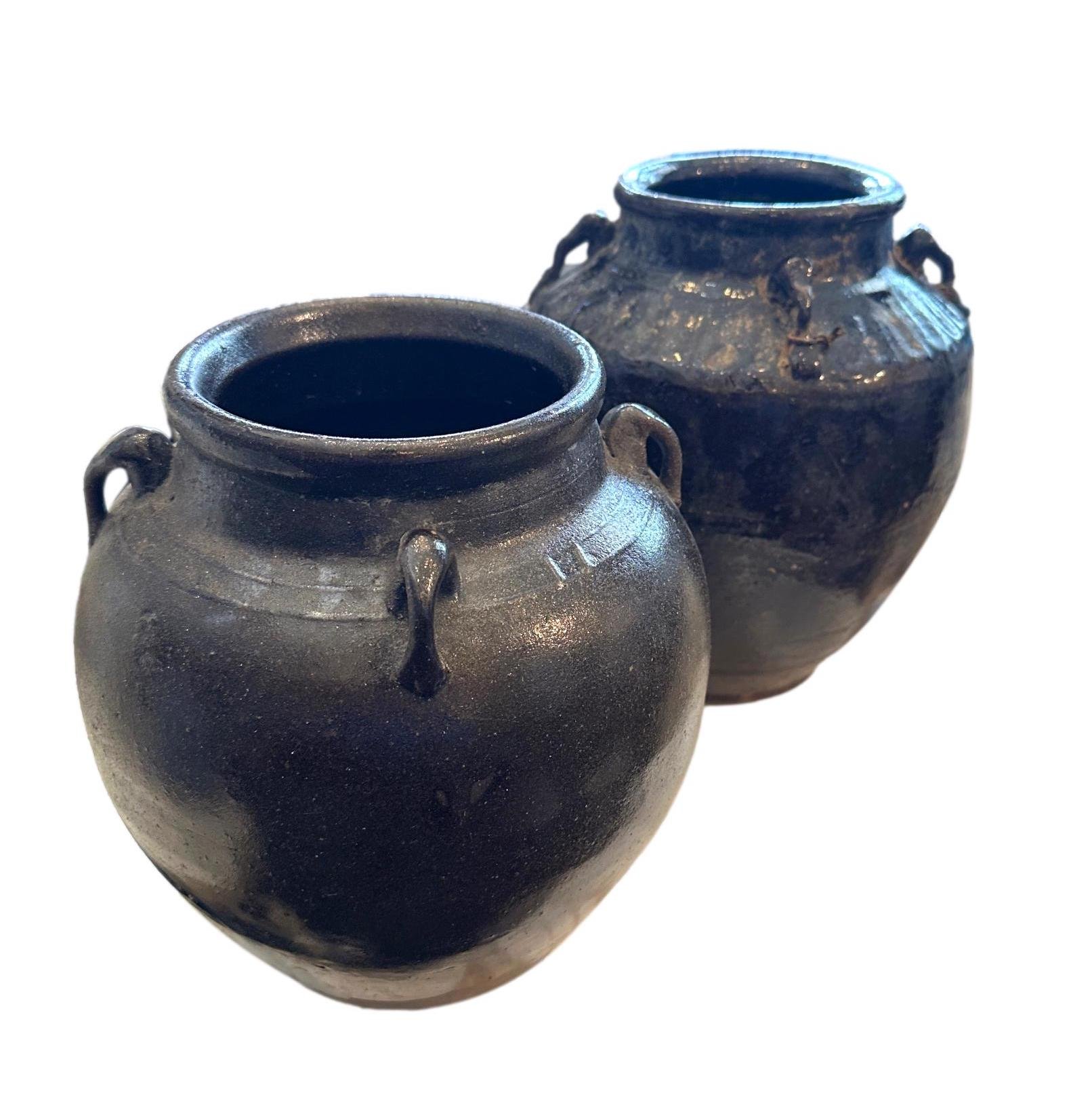 Vintage Glazed 4-Handle Black Pot Small - 8x8.5h +/- BOZ052