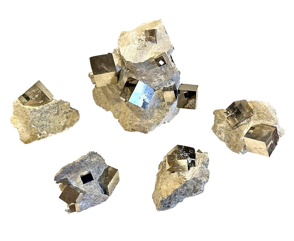 Multi and Complex Cube Iron Pyrite in Matrix 7.5x3x7h - FOS217 Small & Medium Multi Cube Iron Pyrite 4x2x4.5h - FOS206.1 Single Medium Cube Iron Pyrite 4x3.5x2h - FOS206