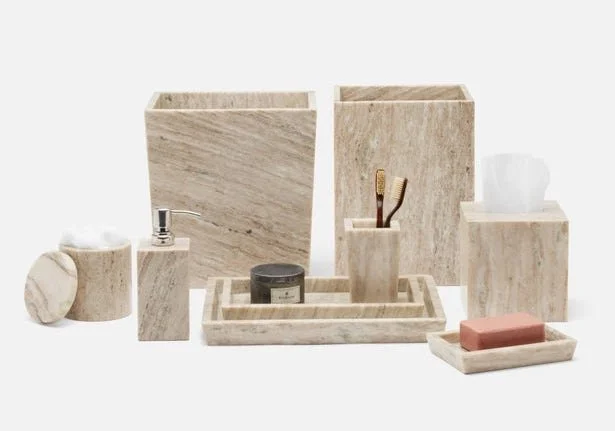 Beige Marble Bath Accessories Waste Basket PGATHWB; Tissue Box PGATHTB Soap Pump PGAThSP; Brush Holder PGATHBH Small Tray PGATHST; Large Tray PGATHLT Canister PGATHC