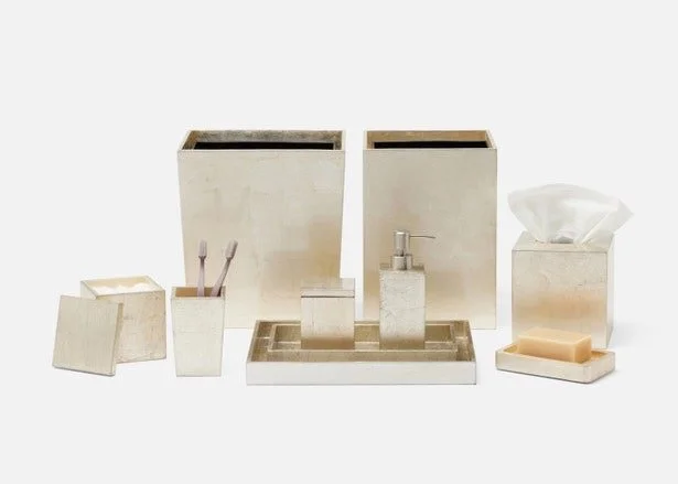 Champagne Silver Leaf Bath Accessories Waste Basket PGDAVWB; Tissue Box PGDAVTB Soap Pump PGDAVSP; Soap Dish PGDAVSD Small Tray PGDAVTRS ; Large Tray PGDAVTRS Canister PGDAVC