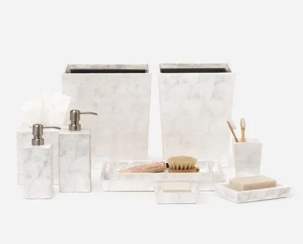Fan Pattern Capiz Shell Bath Accessories, White Waste Basket PGANDWBP; Tissue Box - PGANDTBP Soap Pump - PGANDSPP; Brush Holder - PGANDBHP Small Tray - PGANDTRSP; Large Tray - PGANDTRLP Canister - PGANDCP