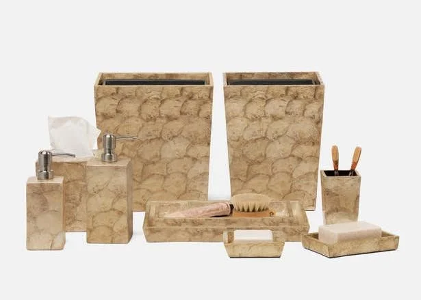 Fan Pattern Capiz Shell Bath Accessories, Smoked Waste Basket - PGANDWBS; Tissue Box - PGANDTBS Soap Pump - PGANDSPS; Tumbler - PGANDBHS Small Tray - PGANDTRSS; Large Tray - PGANDTRLS Canister - PGANDCS