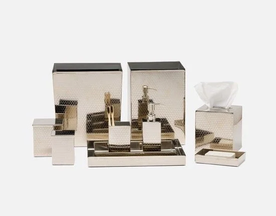 Honeycomb Pattern Nickel Stainless Steel Waste Basket - PGTEMWBN; Tissue Box - PGTEMTBN Soap Pump - PGTEMSPN; Canister - PGTEMCN Small Tray - PGTEMTRSN ; Large Tray - PGTEMTRLN