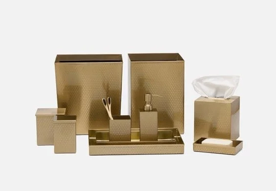 Honeycomb Pattern Gold Stainless Steel Waste Basket - PGTEMWBG; Tissue Box - PGTEMTBG Soap Pump - PGTEMSPG; Canister - PGTEMCG Small Tray - PGTEMTRSG ; Large Tray - PGTEMTRLG