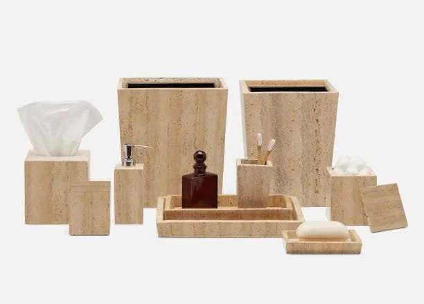 Natural Travertine Bath Accessories Waste Basket - PGBOWWB; Tissue Box - PGBOWTB Soap Pump - PGBOWSP; Soap Dish - PGBOWSD Small Tray - PGBOWTRS ; Large Tray - PGBOWTRS Canister - PGBOWC