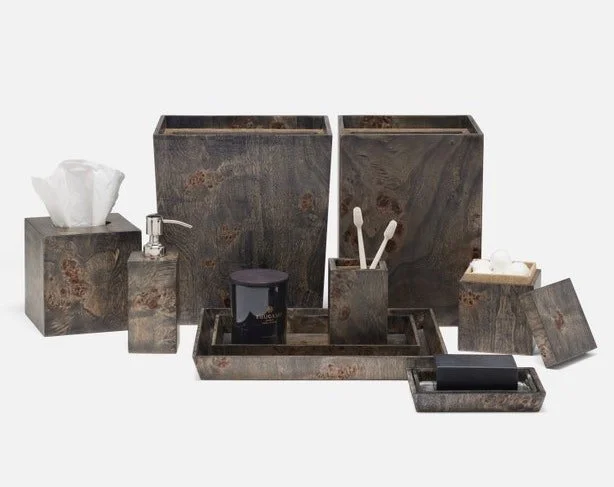 Mappa Burl Bath Accessories, Grey Waste Basket - PGBBERWBG; Tissue Box - PGBERTBG Soap Pump - PGBERSPG; Canister - PGBERCG Small Tray - PGBERTRSG ; Large Tray - PGBERTRLG
