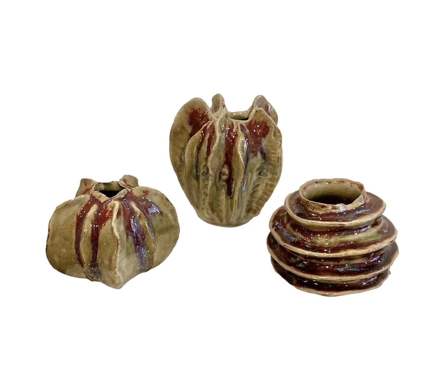 Ceramic Luffa Collection, Green/Purple Small Luffa Vase - 4x3.5h - FTSR119G Medium Luffa Vase - 5x5h - FTSR132G Luffa Ring Vase - 4.5x3h - FTSR118G
