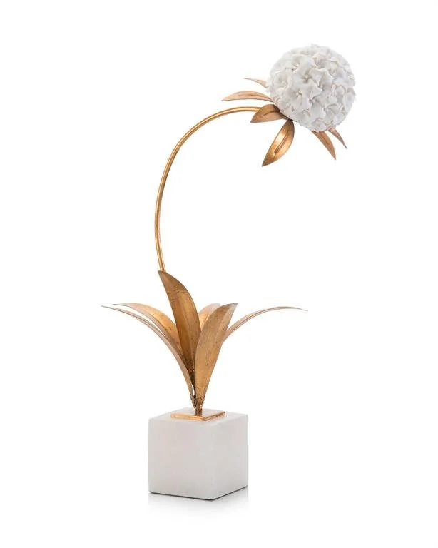  White Porcelain Hydrangea with Gold Leaf and Alabaster Base  11x6x17.5h - JRA10491 