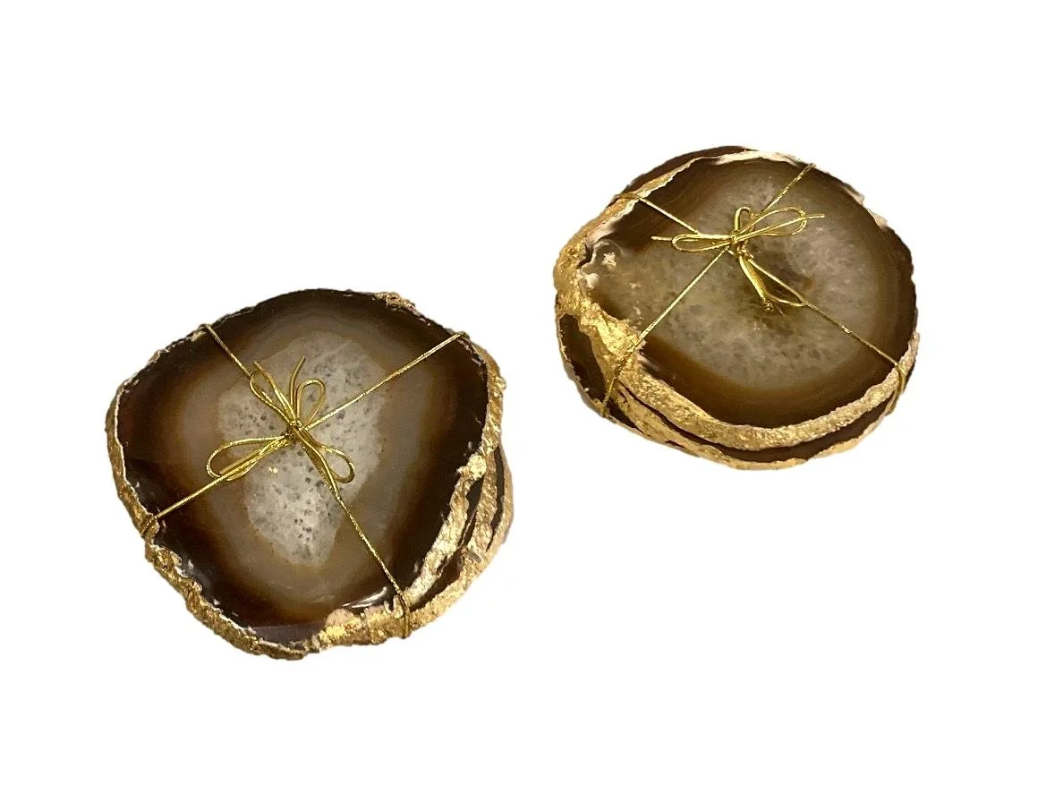 Brazilian Agate Coasters with Metal Leaf Edge   5-5.5" s/4 - VOA5D
