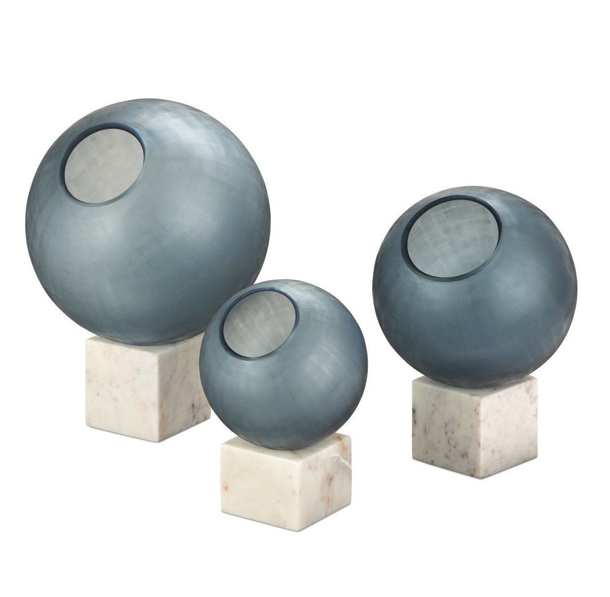  Blue Glass Orb on White Marble Base  Small - 6dx8h - CC120900S  Medium - 8dx10.5h - CC120900M  Large - 10dx13h - CC120900L 