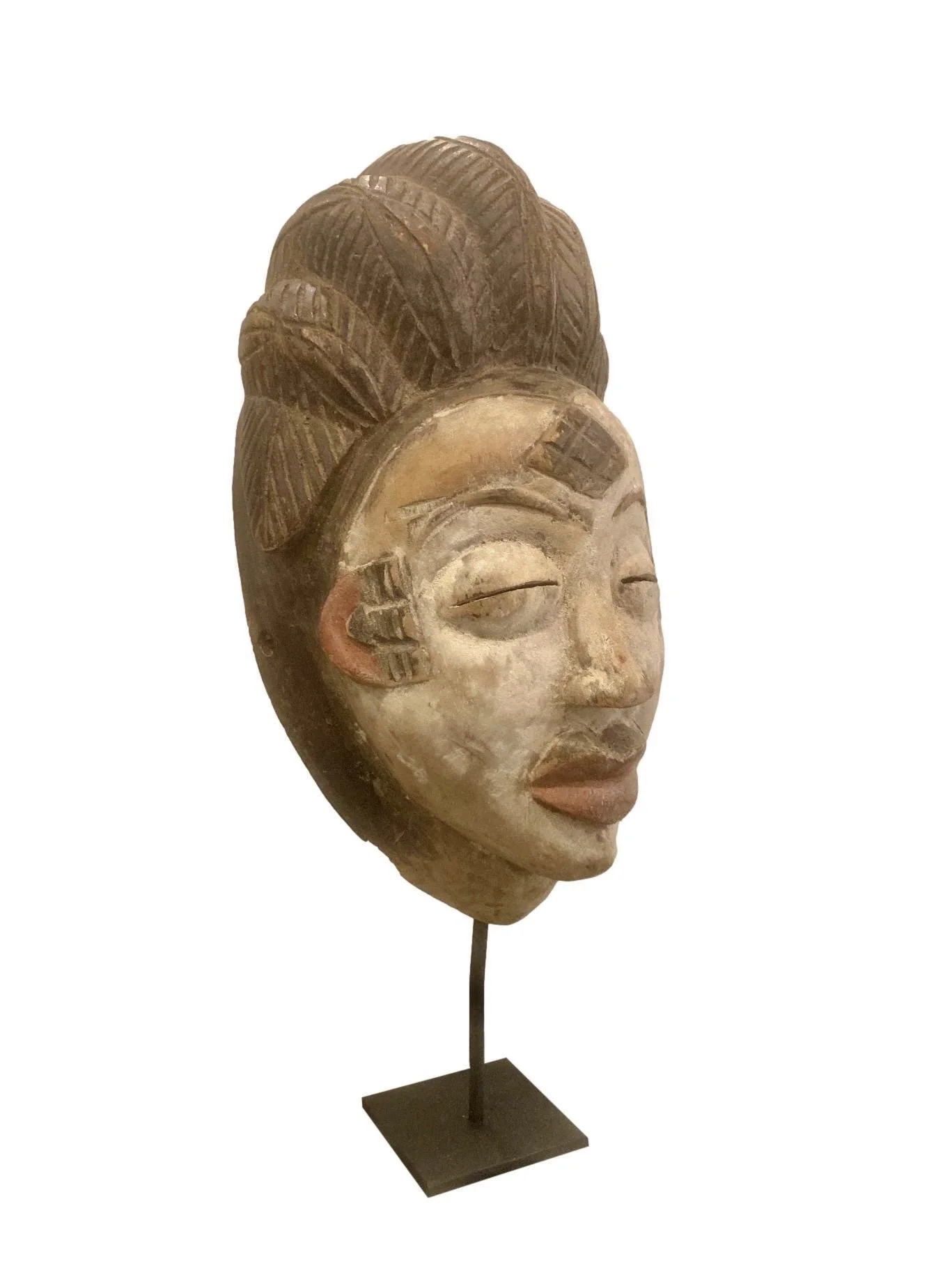  Punu Spirit Mask on Black Iron Stand, Gabon  7×7×17h - BOM001AA   
