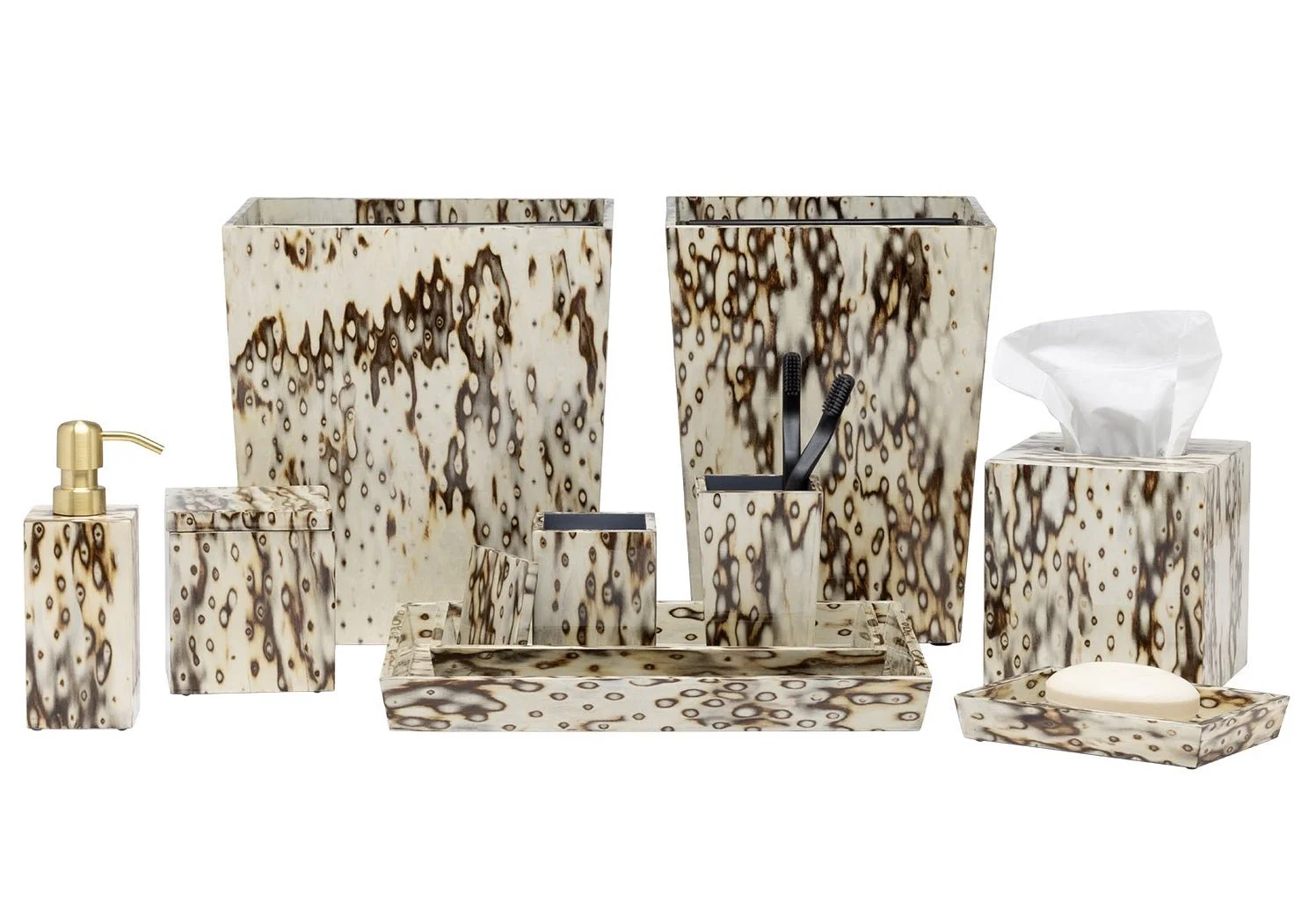  Birdseye Maple Burl Bath Accessories  Waste Basket - PGBISWB; Tissue Box - PGBISTB  Soap Pump - PGBISSP; Soap Dish - PGBISSD  Small Tray - PGBISTRS; Large Tray - PGBISTRL  Canister - PGBISCS 