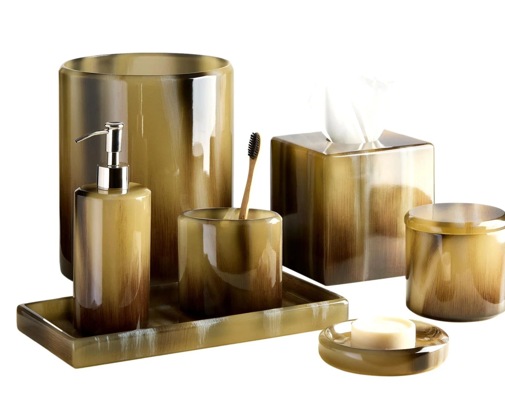  Faux Horn Bath Accessories  Waste Basket - KXCAMWB; Tissue Box - KXCAMTB  Soap Pump - KXCAMSP;  Soap Dish - KXCAMSD  Tumbler - KXCAMBH; Tray - KXCAMTR  Canister - KXCAMC 