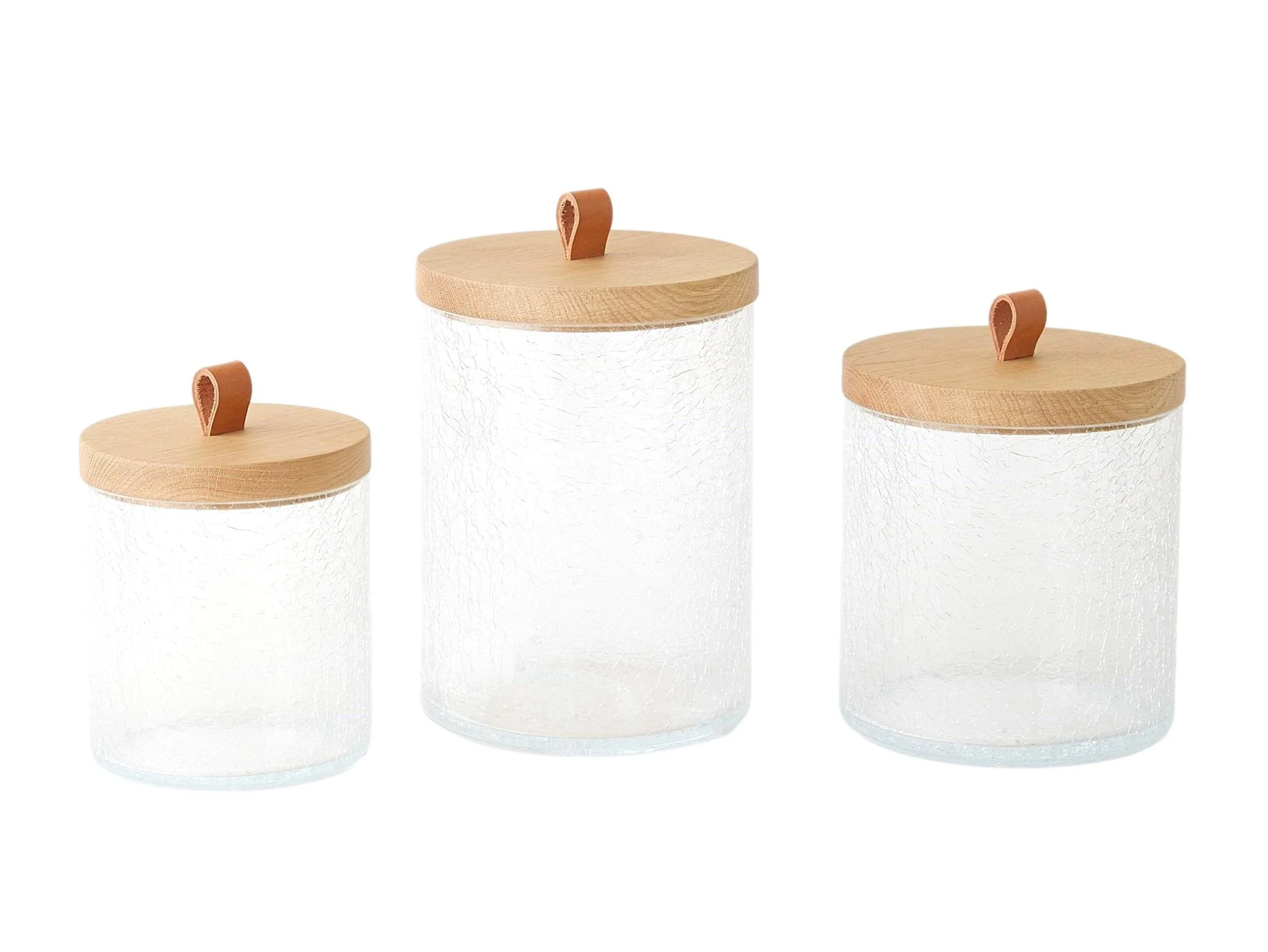  Crackle Glass Canister with Oak Lid and Leather Handle  Small - 6dx8h - GVBB110081  Medium - 7d×9h - GVBB110080  Large - 7dx11h - GVBB110079 