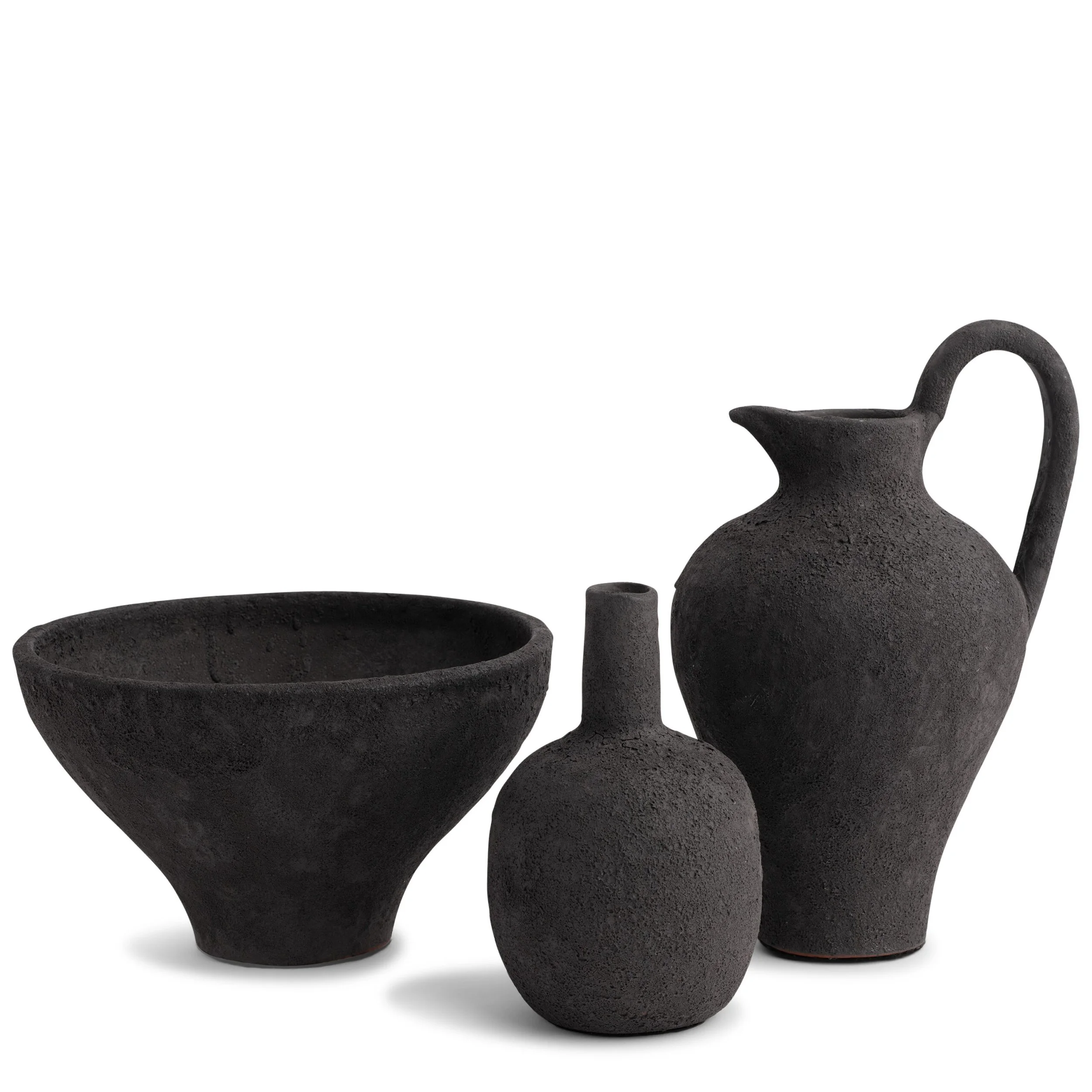  Textured Black Ceramics  Pitcher - 9dx11h - FD7162.1  Bowl - 9dx5h - FD7162.2  Vase - 4dx7h - FD7162.3 