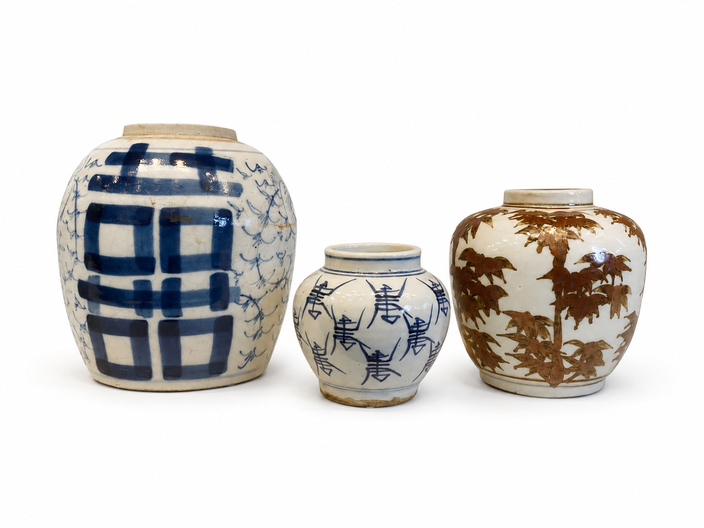  Vintage Chinese Pots (left to right)  Blue and White Wedding Pot - 6.5dx8h - BO011  Small Blue and White Pot - 4.5dx4.5h - BO008  Brown and White Brush Pot - 5.5dx6.5h - BO010 