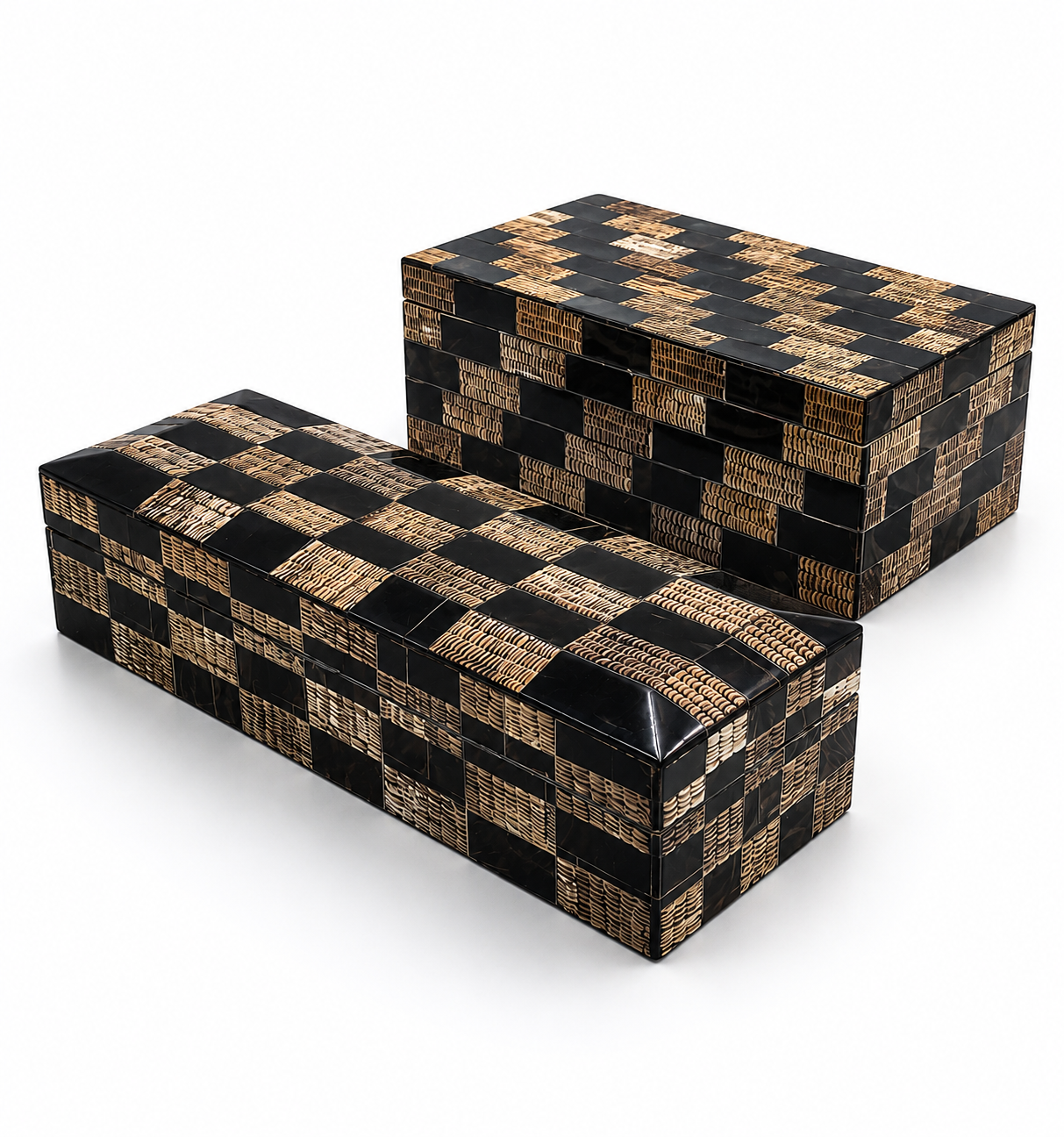  Etched/Smooth Check Horn Box, Black/Brown  Longer - 12×4×3h - BIM874  Taller - 10×5×4h - BIM873 