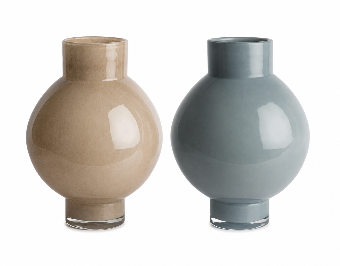  Glass Footed Ball Vase with Tall Neck  Taupe Small - 10dx12.5h - FD7215  Taupe Large - 12dx16.5h - FD7216  Blue Small - 10dx12.5h - FD7221  Blue  Large - 12dx16.5h - FD7222 