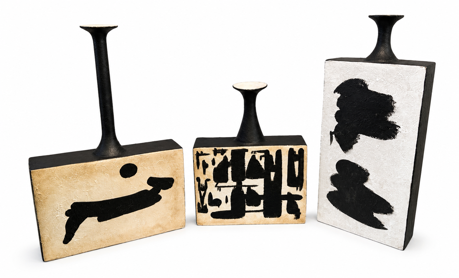  Italian Ceramic Long Neck Vase, Buff/Black  Tall Long Neck Vase - 18×5×27h - GVFDS33001  Short Vase -16×5×19.5h - GVFDS33002  Tall Body Vase - 12×5×28.5h - GVFDS3.3003   