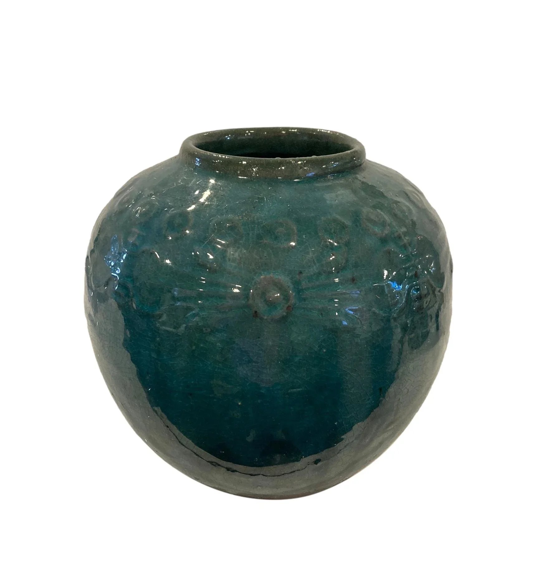  Vintage Chinese Carved Round Jar, Green  8dx7h - LO2107E 