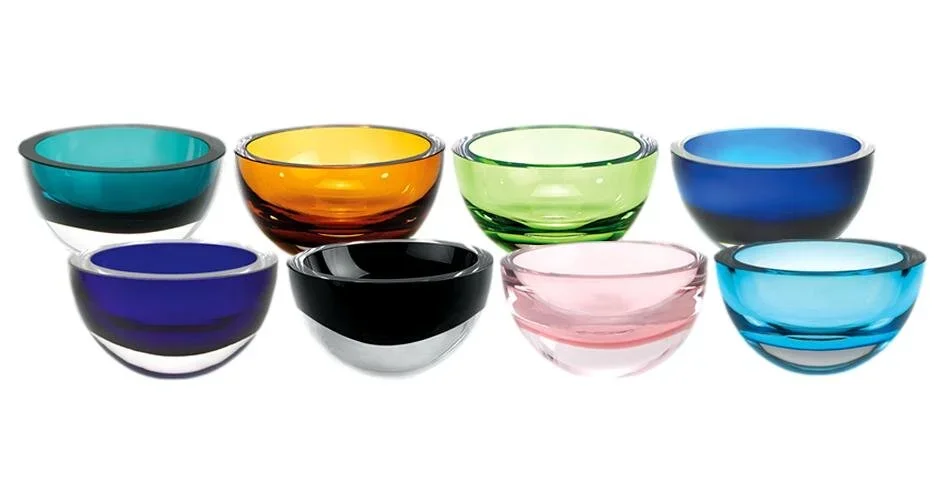  Small Colored Glass Bowls - 6"dx4"h  Top: Peacock - BRK2005; Amber -  BRK2003; Spring Green - BRK2003; Midnight Blue BRK2007  Bottom: Black - BRK2014; Raspberry Pink - BRK2009; Aqua - BRK2006  Also Available: Red - BRK692; Brown - BRK2018 