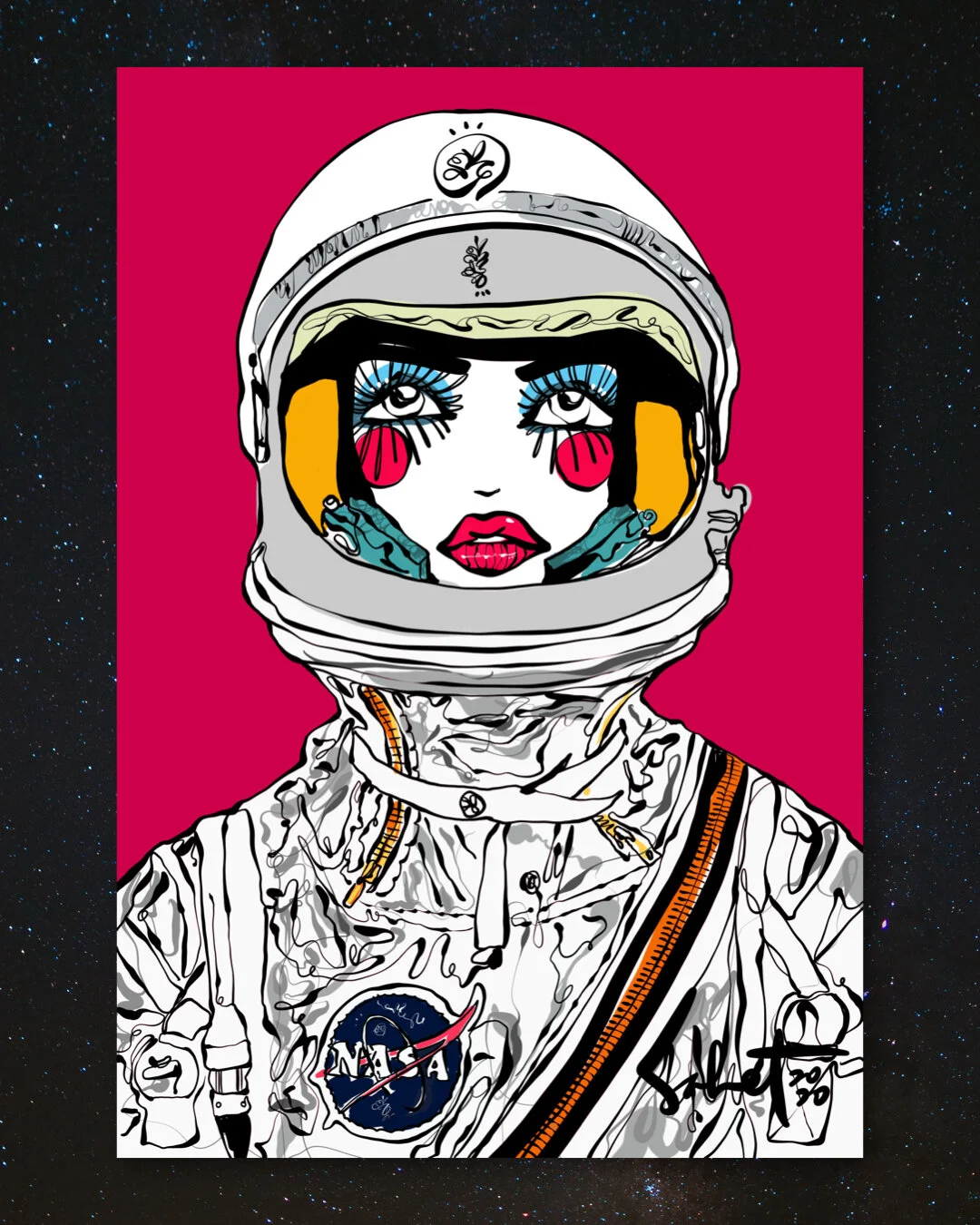 Moon Sailor Red - Deep Blue 2021 Sabet - 13" x 19" Limited Edition Hand Embelished Gicleè Signed by Sabet 2020