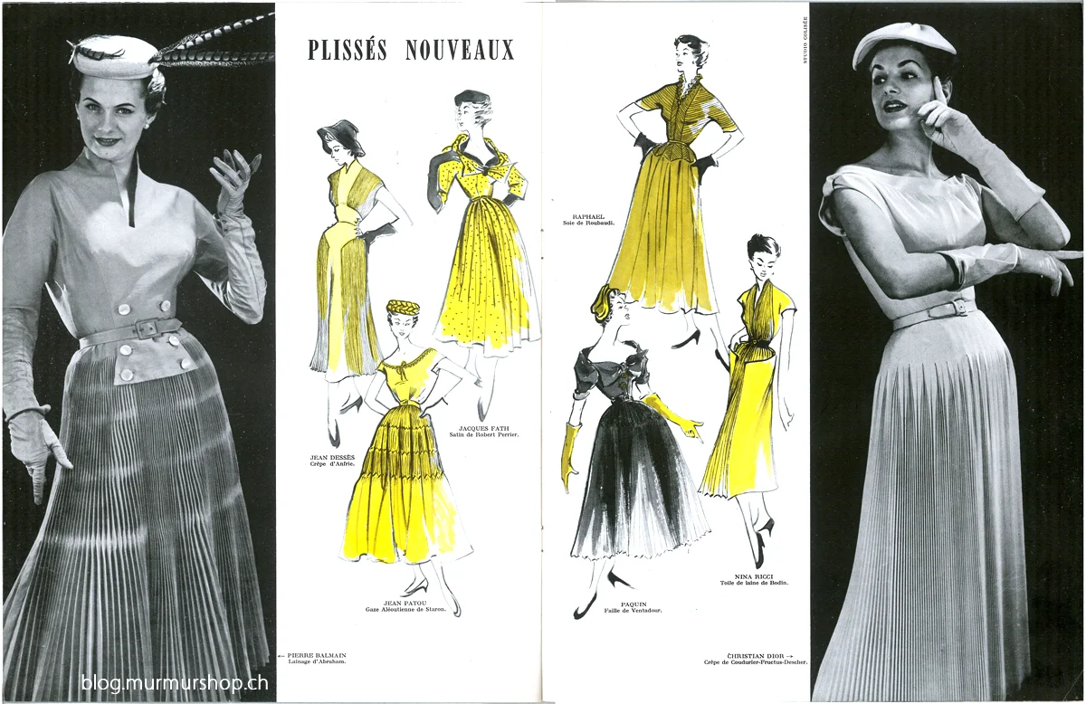 dress on the far left is by Pierre Balmain, dress on the far right by Christian Dior