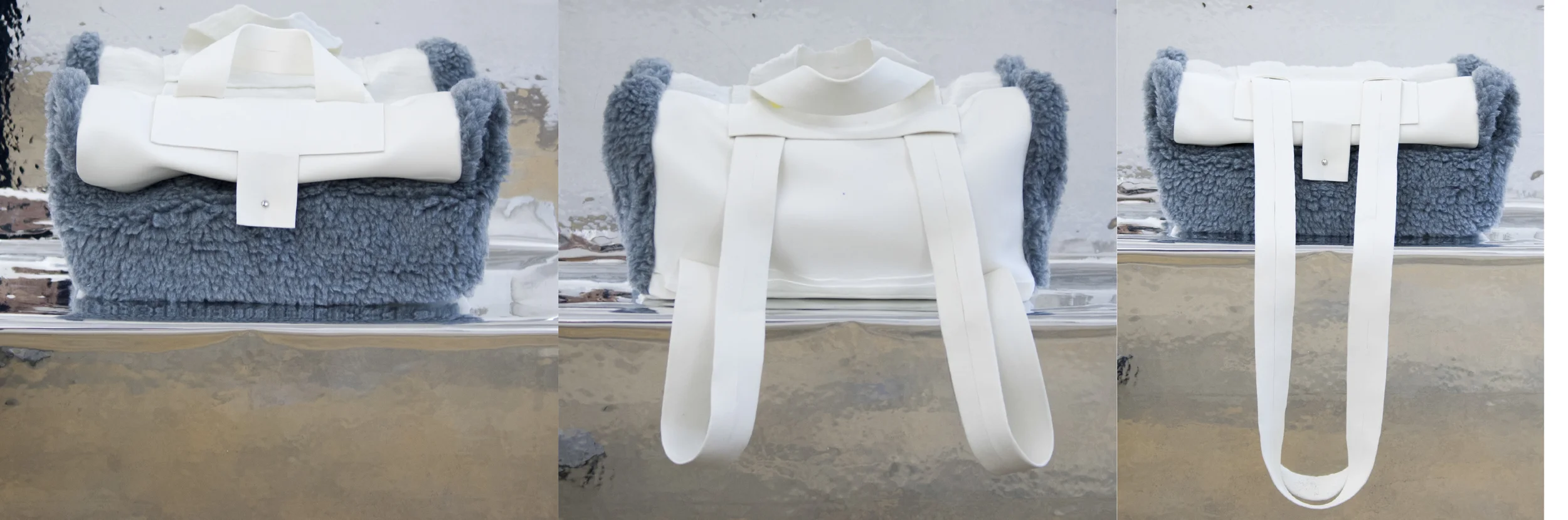 the strap of the bag can be pulled down into two straps to be used as a backpack. this is the "cleanest" object I got out of this project, and I really want to try to make one with real leather and that plush fabric.