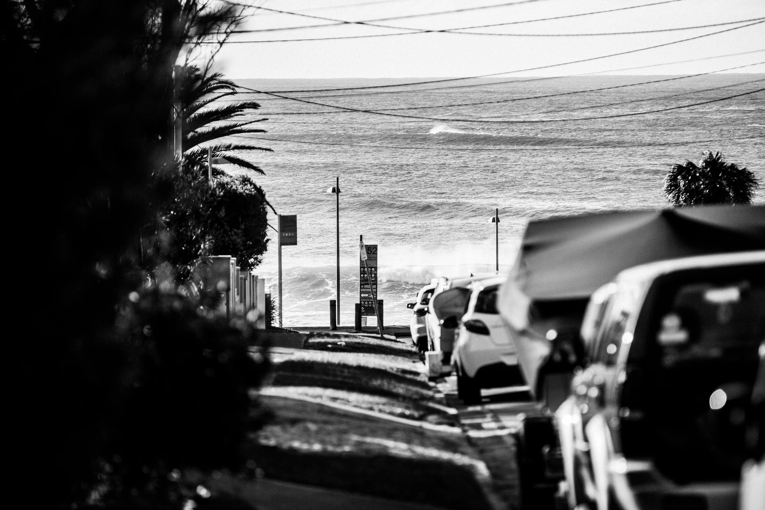 Beachside parking lot with cars facing the ocean, palm trees, and street lamps, with the sea and waves in the background