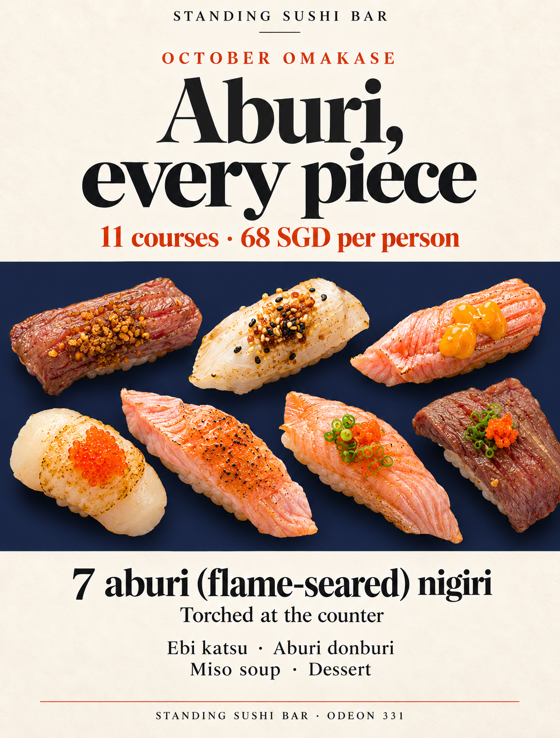 Standing Sushi Bar's October Omakase Promotion features an 11 course aburi sushi offering for 68 SGD per person