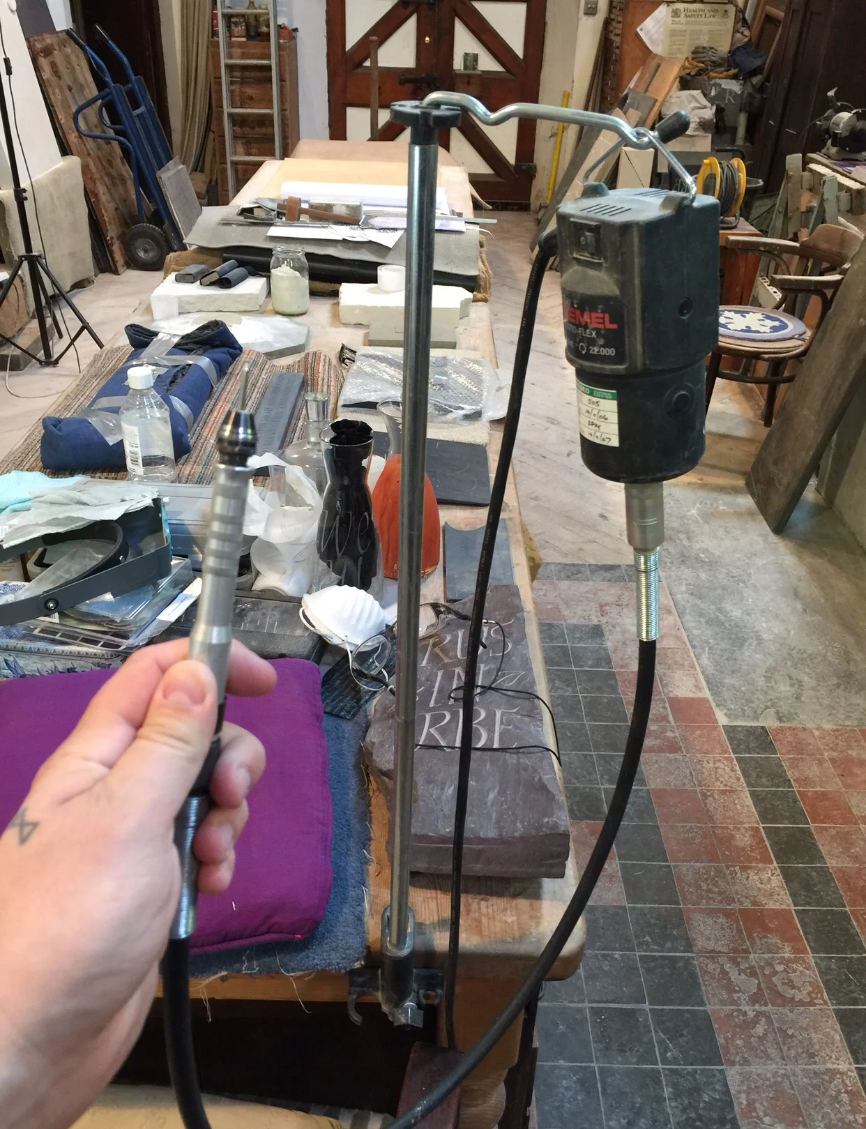 Eric’s Dremel motor attachment used for glass engraving.