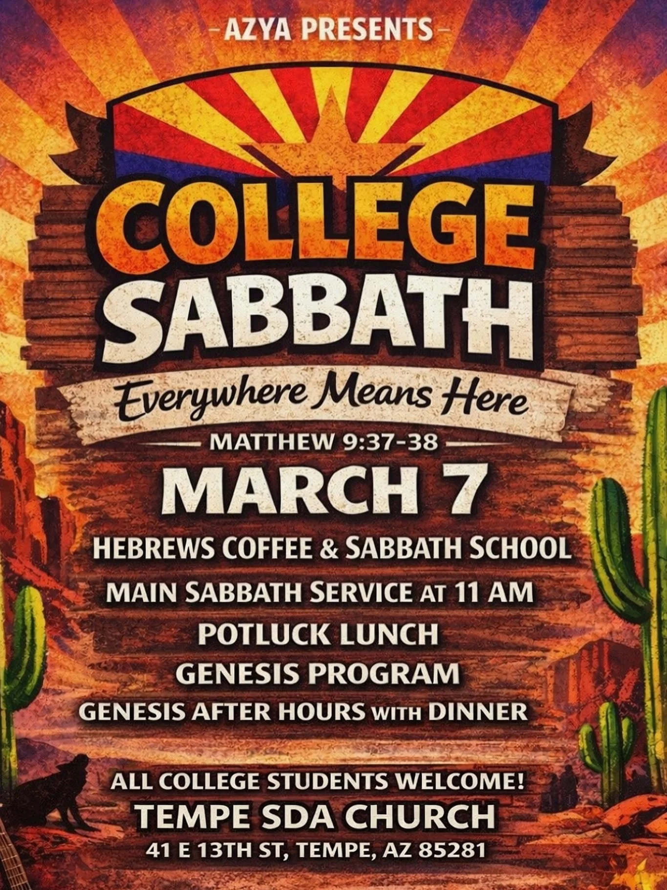 College Sabbath is happening March 7th! 📚📖

All college students are welcome. Bring your friends, your roommate, your study buddy, the more the merrier! 👥 This is a space to connect, grow, and see how God can use you in college ministry right wher