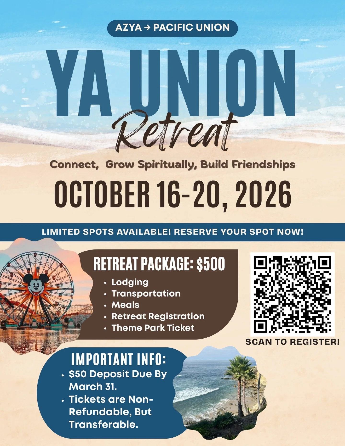 YA UNION RETREAT 🌊👥

A weekend to grow spiritually, make new friends, and have fun together in one of California&rsquo;s most beautiful coastal cities. 🌴🌊

$500 Bundle Includes:
&bull; Lodging
&bull; Transportation
&bull; Full Retreat Registratio