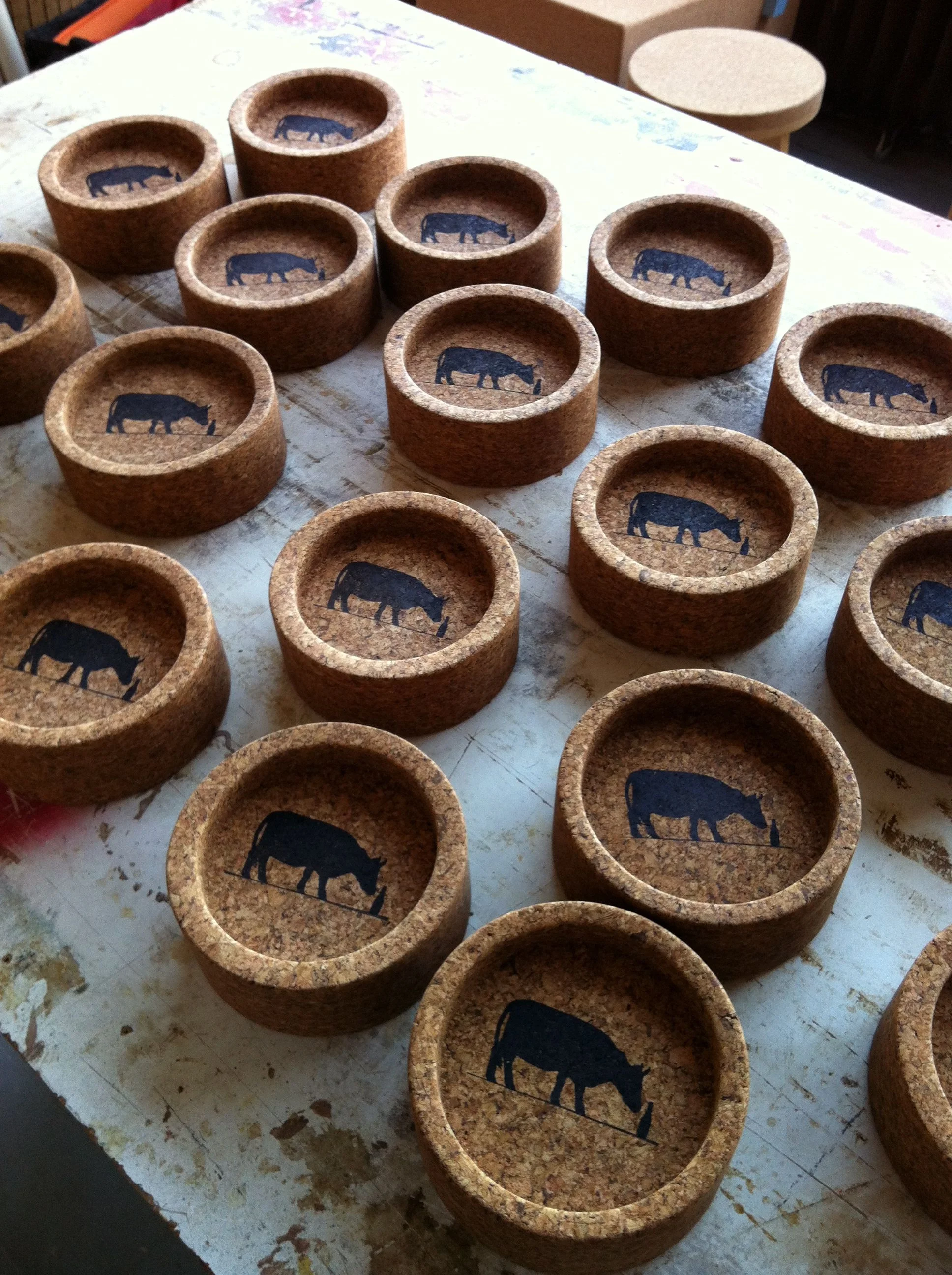 Here are some photos of our work being made. At this point everything in
the product line, whether produced in quantities of 2 or 2000, is made
in our studio in Brooklyn, USA. 