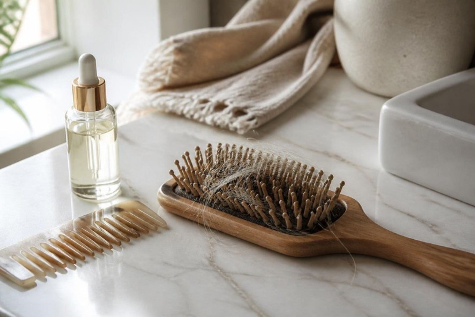 Wooden hairbrush with shed strands, a wide-tooth comb and scalp serum on a bathroom counter