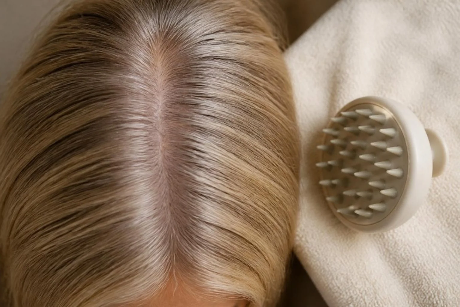 Top-down view of a center part in fine blonde hair with a scalp massage brush on a towel
