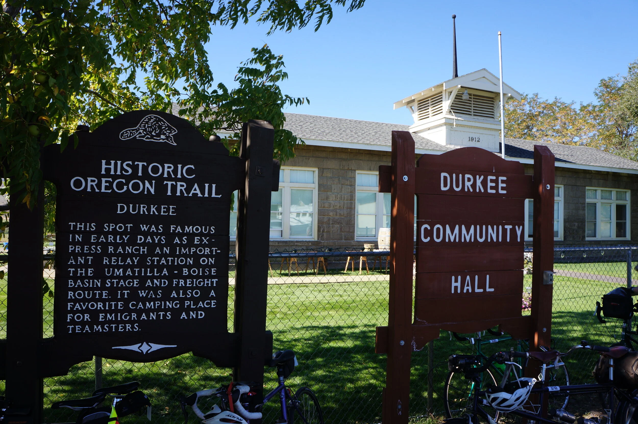 Durkey Community Hall, Historic Oregon Trail: This spot was famous in early days as express ranch as important relay station on the Umatilla-Boise Basin Stage and Freight route. It was also a favorite camping place for emigrants and teamsters. 