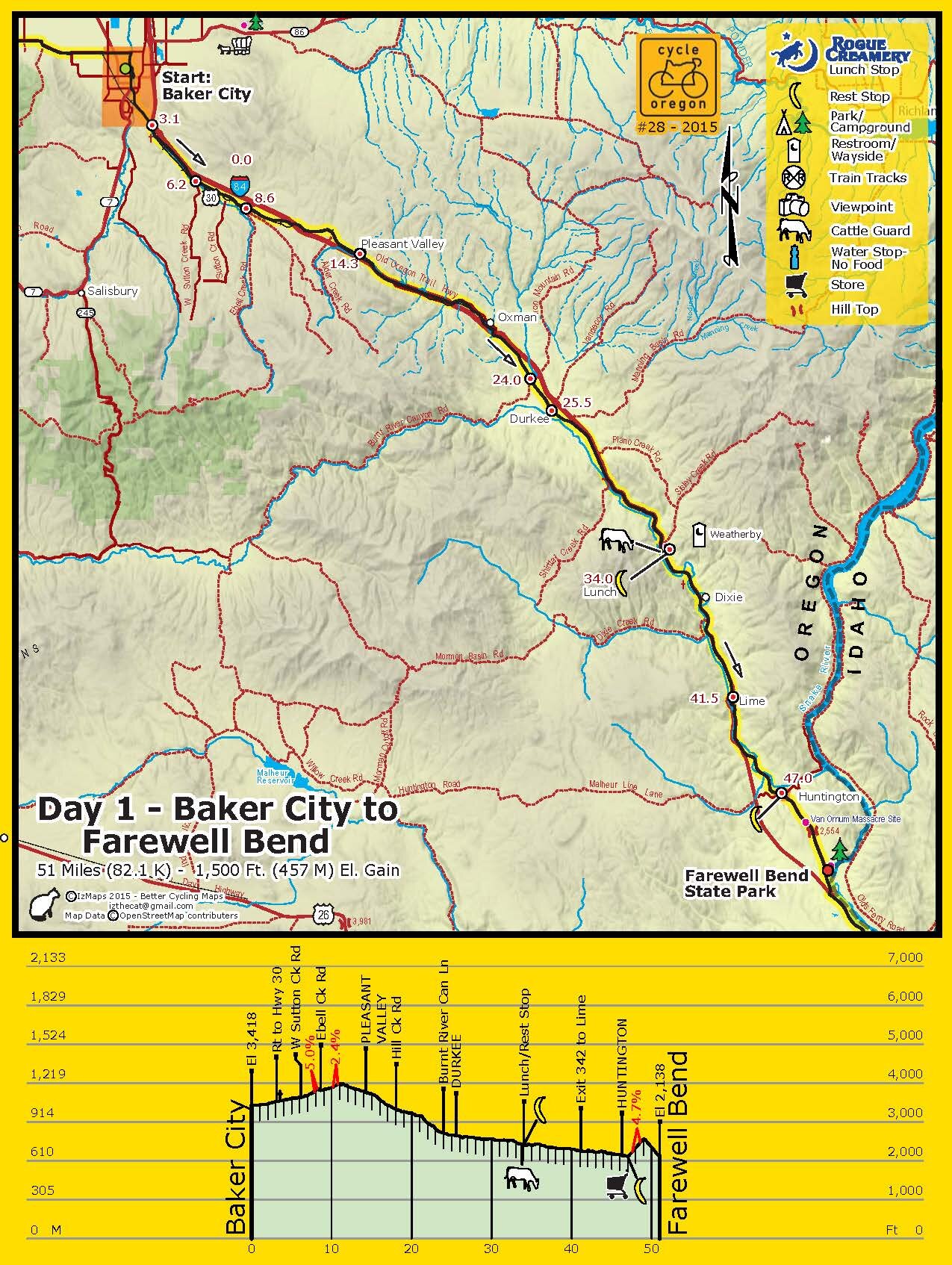 Cycle Oregon Day 1 Route map - Baker City to Farewell Bend