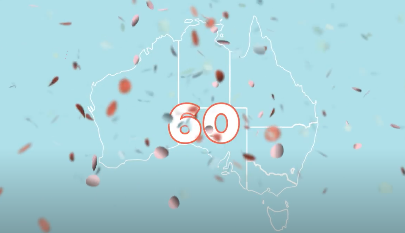 An outline of Australia on a light blue background with the number 60 on top and confetti falling down in the foreground.
