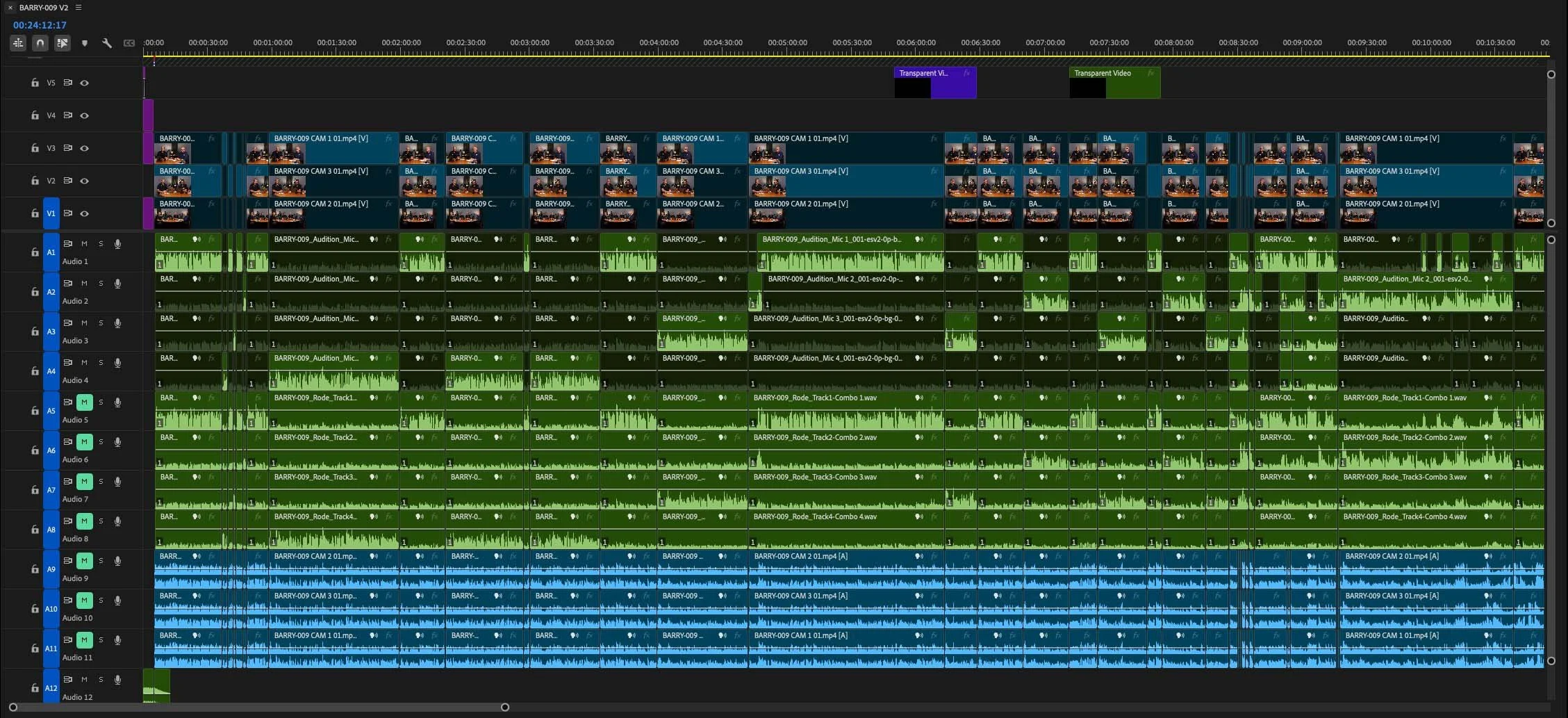 Screenshot of a digital video editing timeline displayed on a computer screen with multiple tracks, including video, audio, and effects, showing time markers and clips layered in different colors.