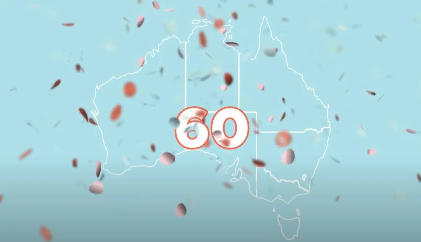 Celebration with confetti and a map outline of Australia. The number 60 is prominently displayed in the center.