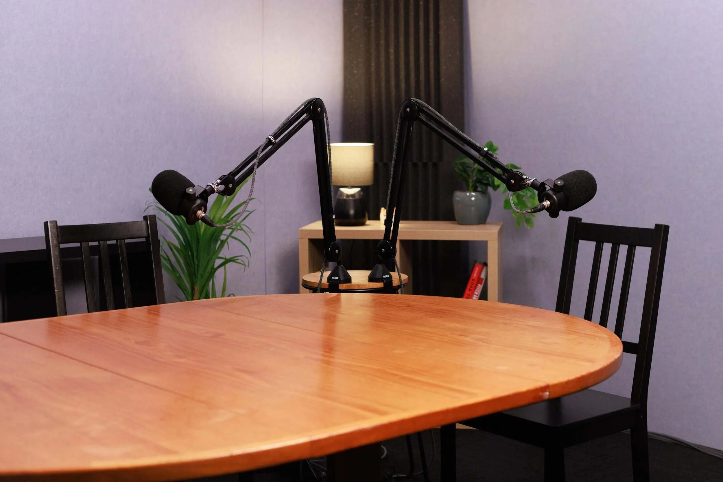 A conference or podcast room with a wooden table, two chairs, a small wooden cabinet, potted plants, and microphones set up on a stand.