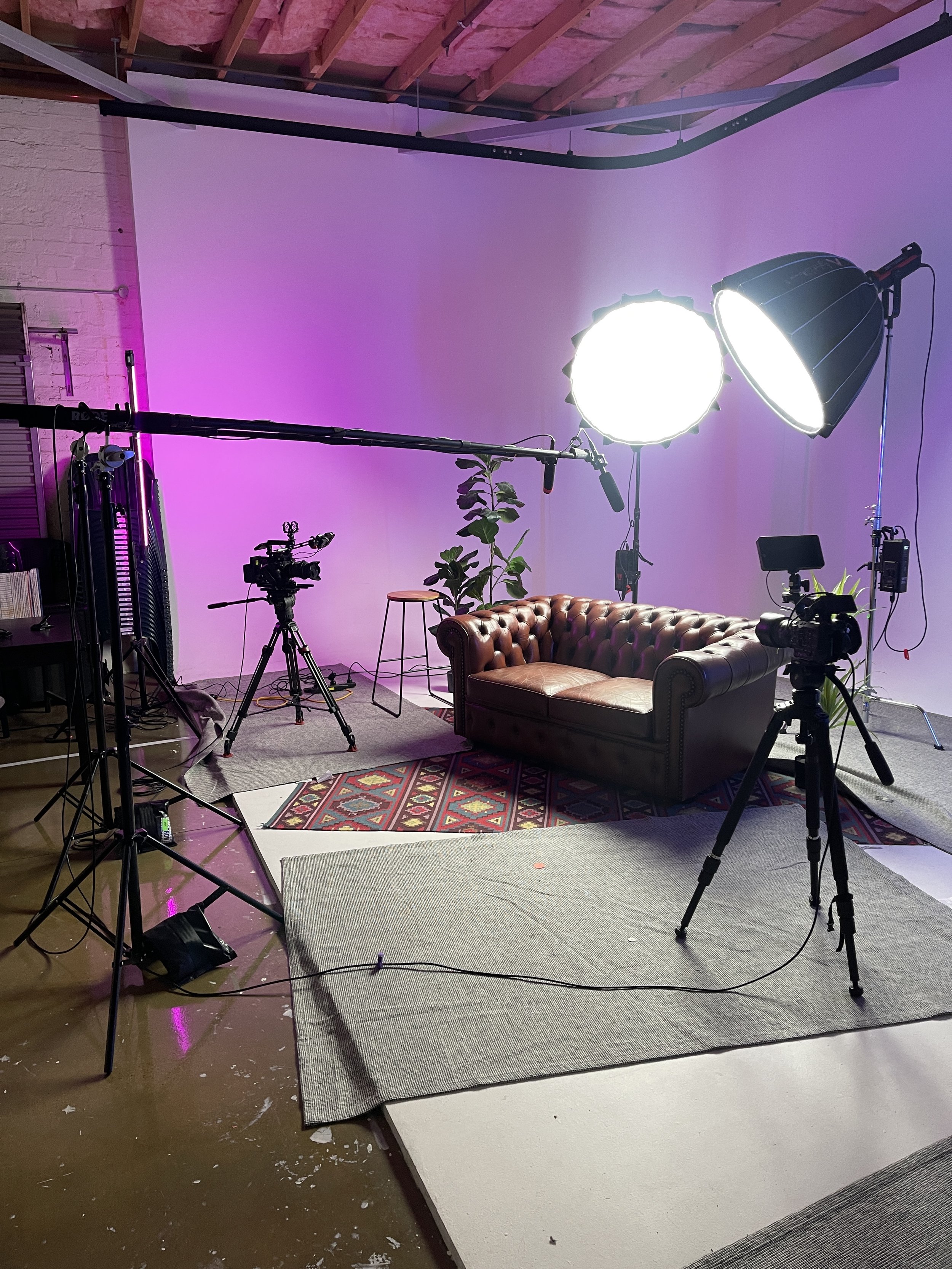A professional video studio setup with studio lighting, cameras, a brown leather sofa, a small rug, and a potted plant on a white wall background.