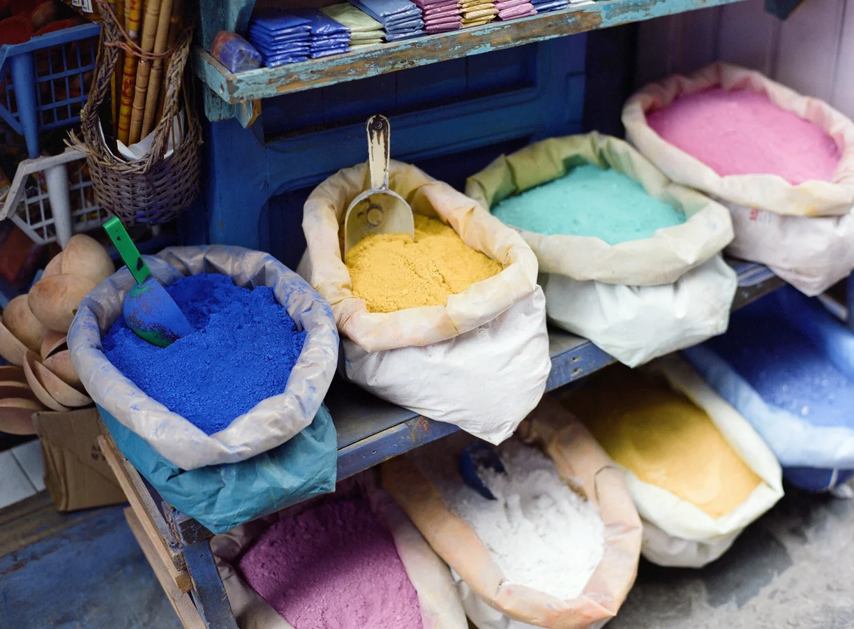 Powdered Chalk on Display in Bags on Bench_Chefchaouen_web.jpg