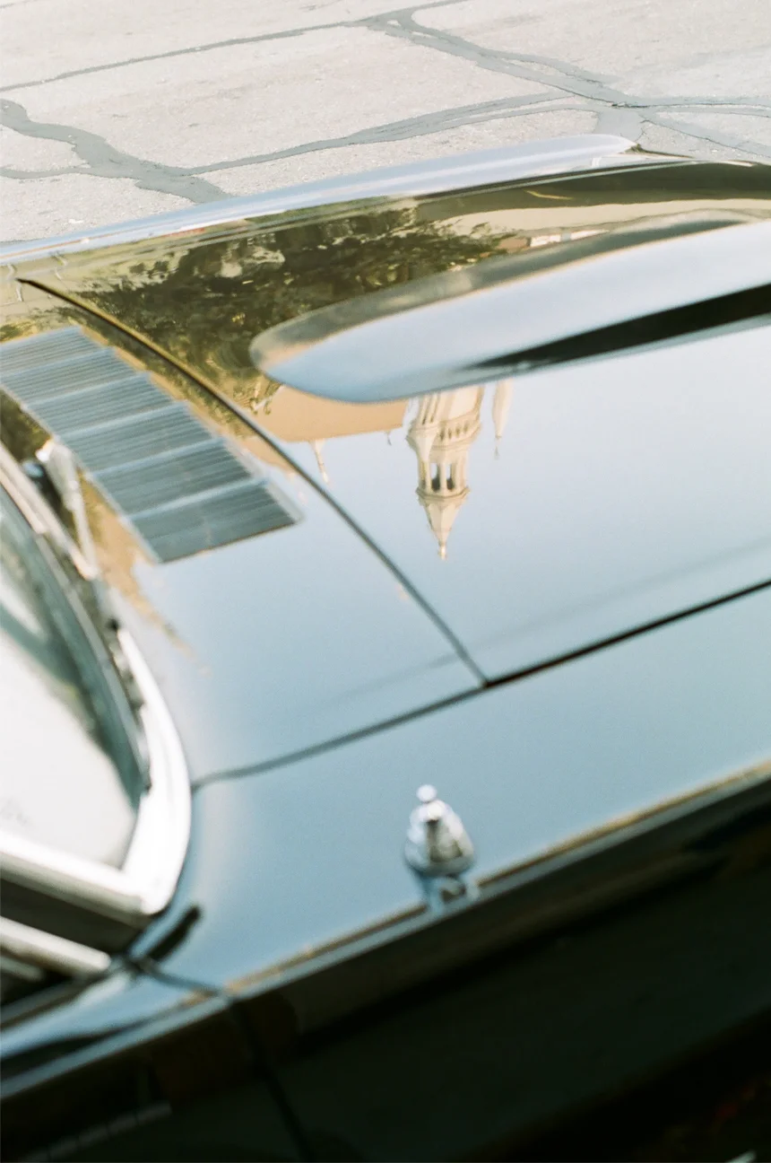 Church steeple reflected in black muscle car_san fran street_web.jpg