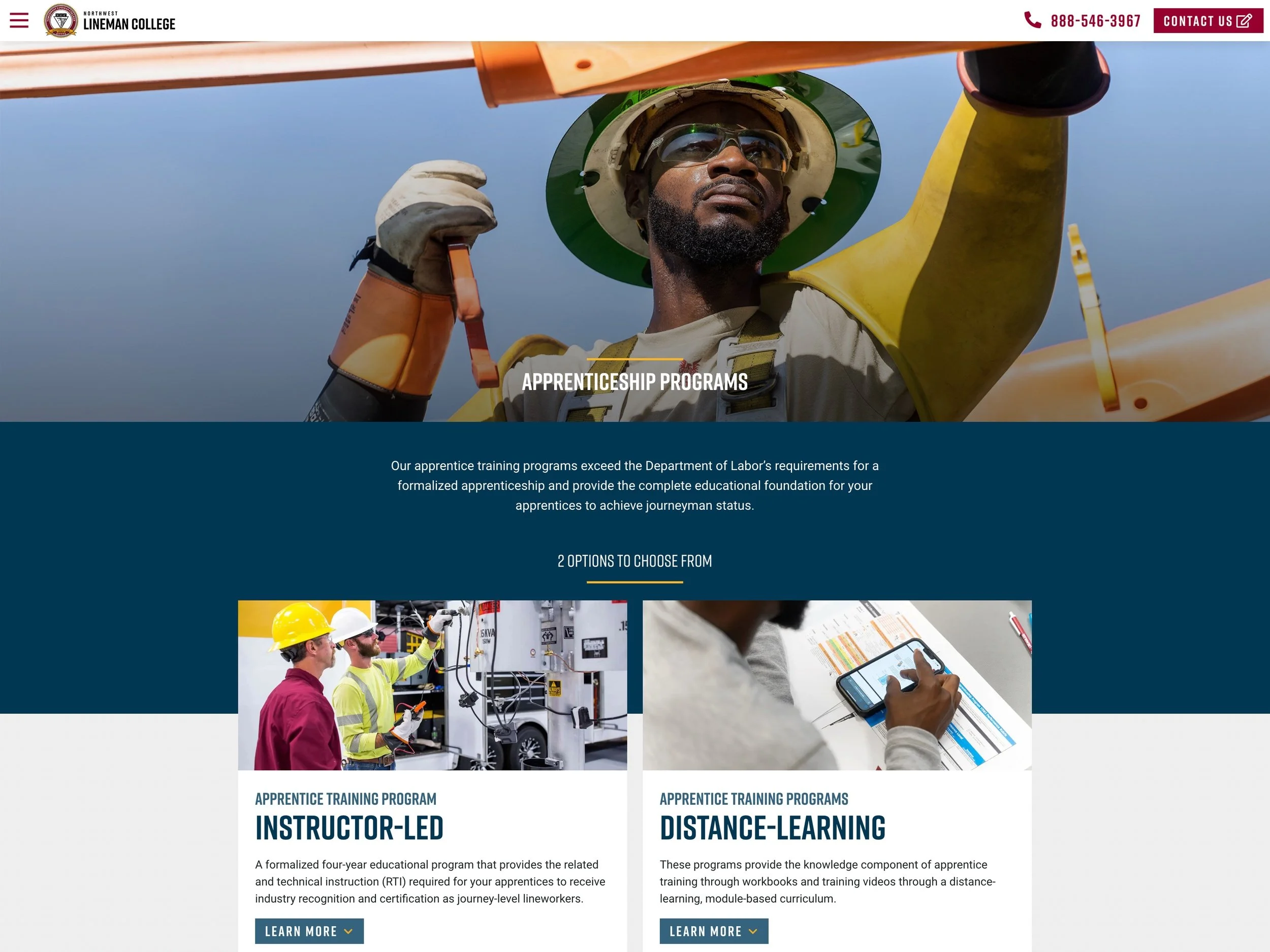 lineman.edu screenshot of apprenticeship programs page