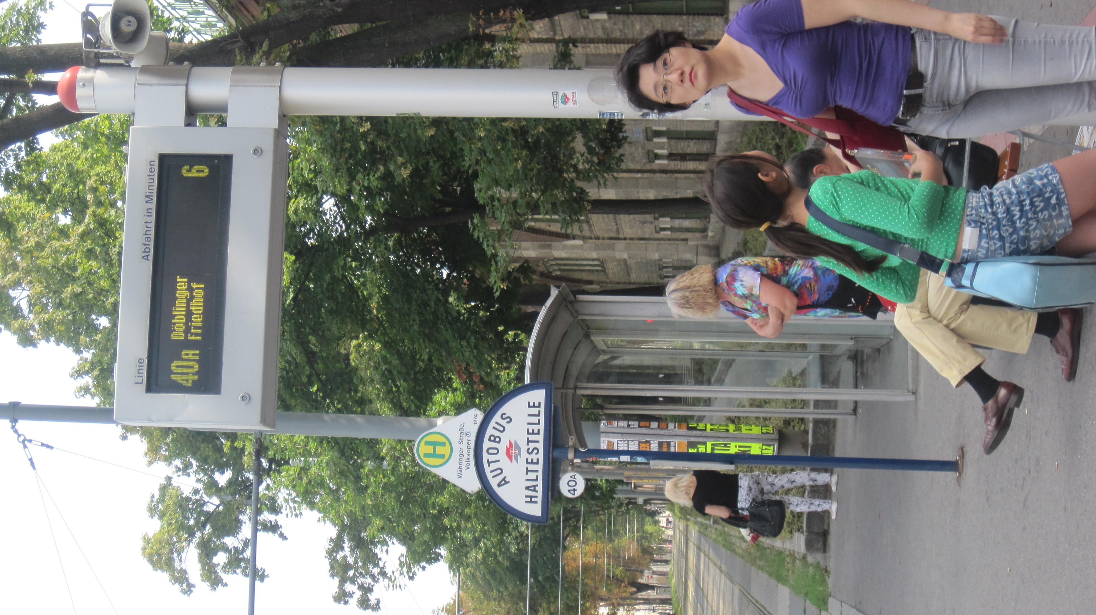 Typical of the Wiener Linien transit system, real time information, including for bus riders is provided at stops. Adjacent bike share and tram stops also serve the neighborhood. (Photo: M. Zimmerman, July 2014)