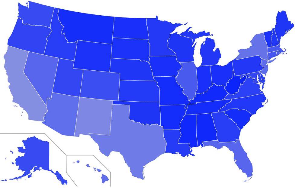 Dark blue: US states where English is an official language. Light blue is where there are two official languages (Louisiana - French &amp; English, New Mexico - Spanish &amp; English, Hawaii - Hawaiian &amp; English). See also map at external site here